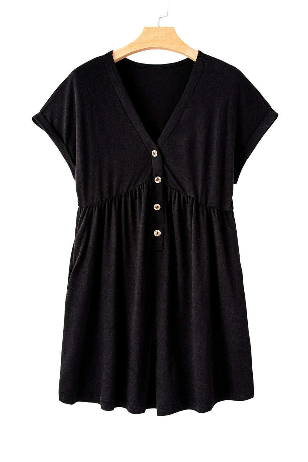 Black V Neck Buttons Loose Cuffed Short Sleeve Romper