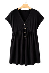 Black V Neck Buttons Loose Cuffed Short Sleeve Romper