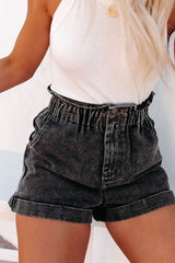 Black Vintage Washed Frilled High Waist Denim Shorts