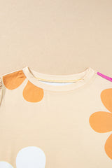 Apricot Colorful Flower Print Bubble Sleeve Tee