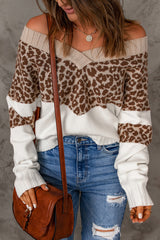 Cheetah Color Block Rib Trim Off Shoulder Pullover Sweater