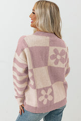 Purple 60s Floral Checkered and Striped Knitted Sweater