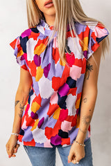 Multicolor Abstract Print Frill Neck Ruffle Sleeve Summer Top