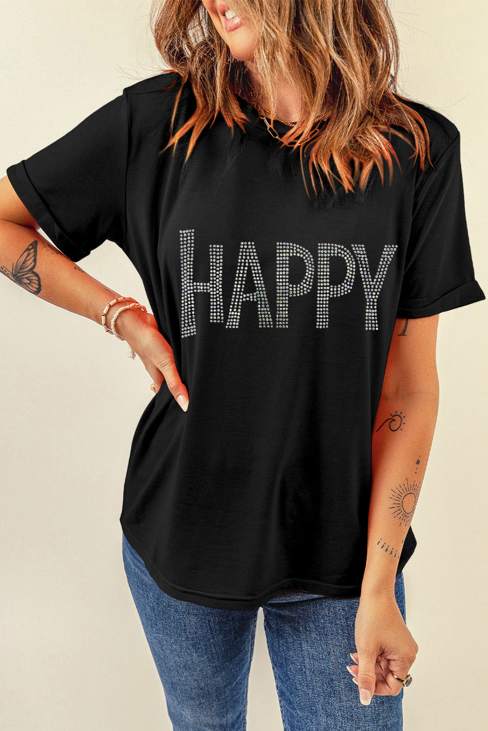 Black Rhinestone HAPPY Graphic Crewneck T Shirt