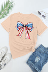 Khaki American Flag Bow Knot Graphic Round Neck T Shirt