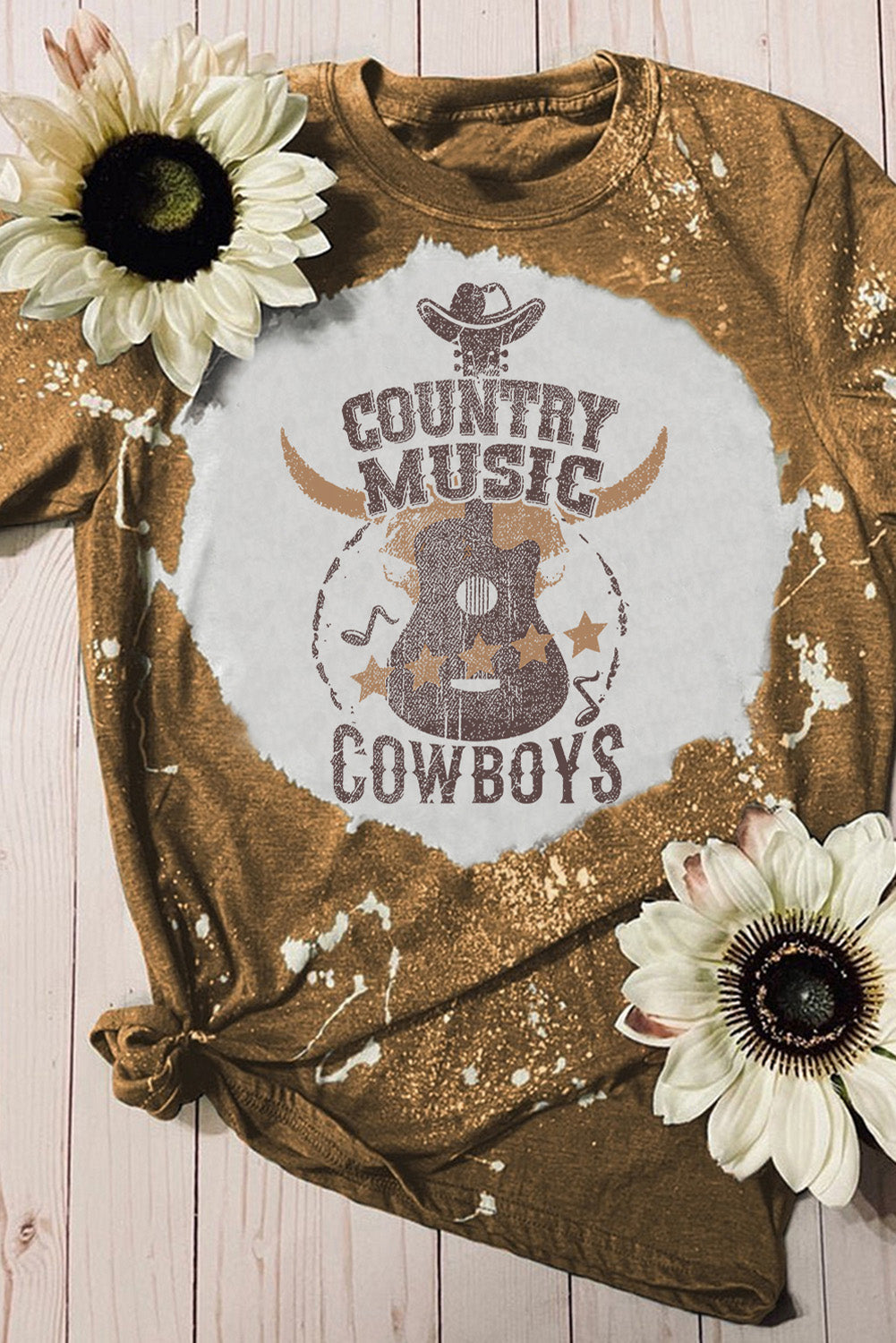 Orange Bleached Country Music Guitar Graphic Crewneck Tee