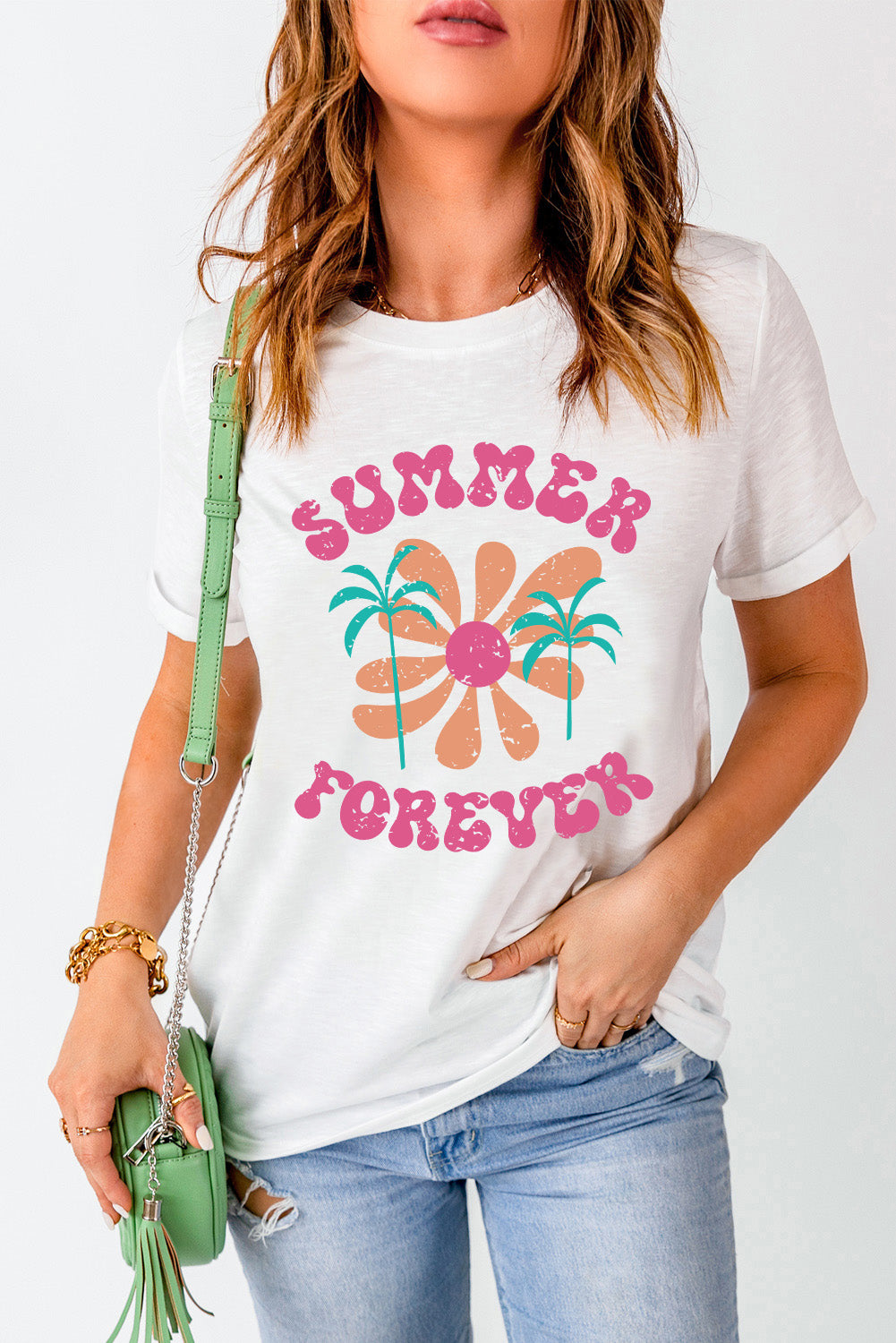 White Summer Forever Flower Graphic Tunic T Shirt