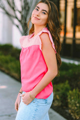 Rose Red Two Tone Pleated Ruffle Trim Blouse