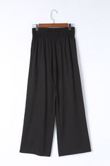 Black Plain Drawstring Shirred Elastic Waist Wide Leg Pants