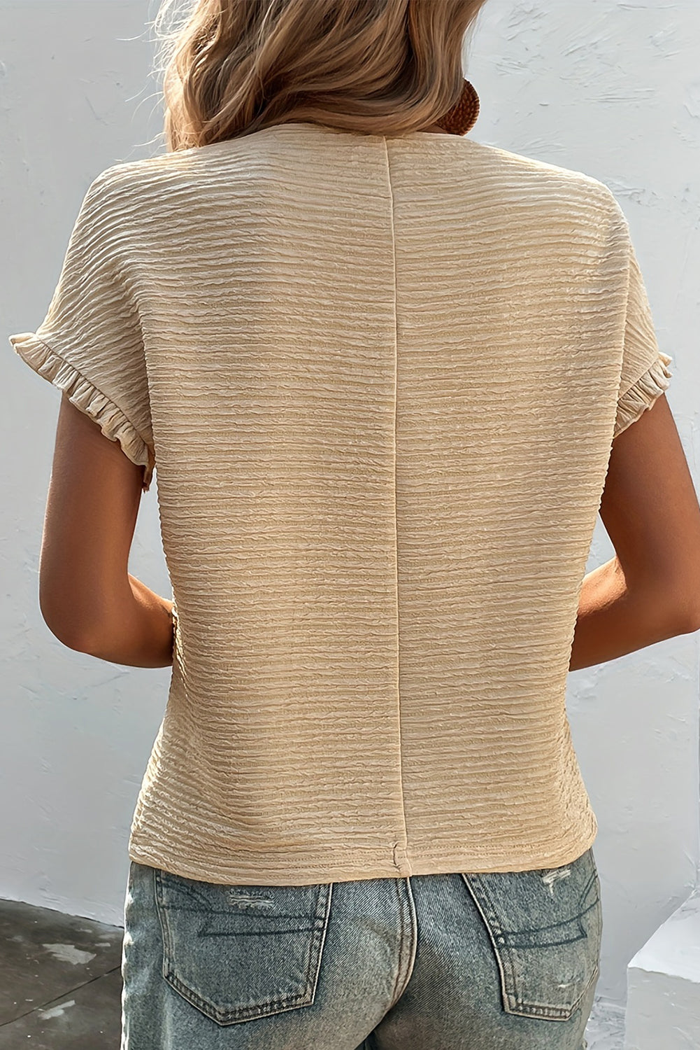 Apricot Textured Round Neck Frill Short Sleeve Blouse