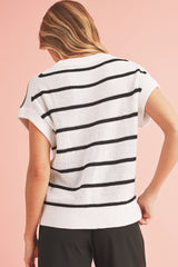 White Striped Pattern Batwing Short Sleeve Knit Sweater