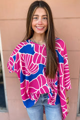 Rose Red Leaf Print V Neck Loose Blouse