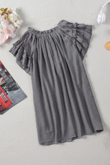 Gray V Neck Tiered Ruffle Sleeve Summer Top