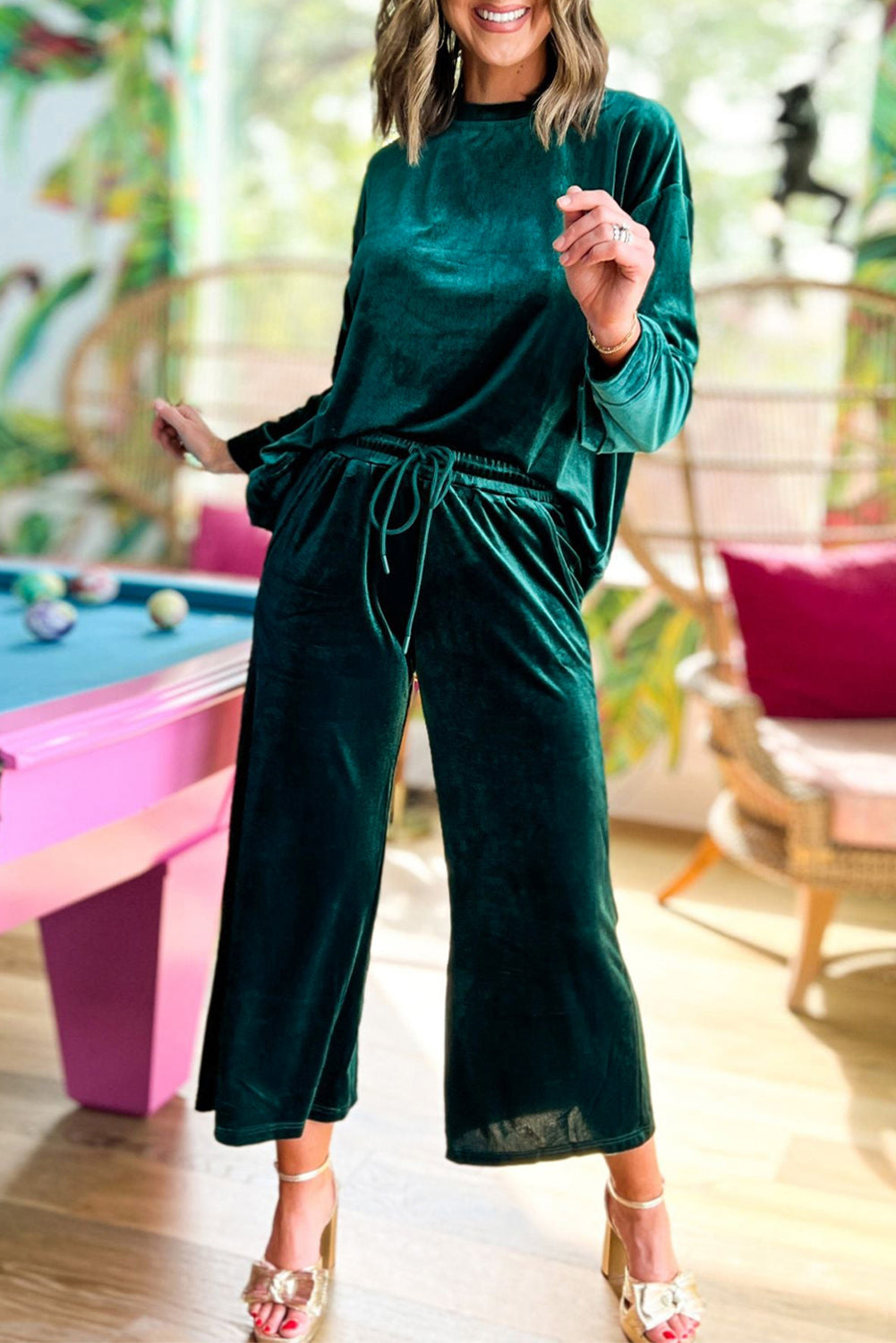 Blackish Green Velvet Long Sleeve Top & Wide Leg Pants Set