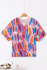 Multicolor Watercolor Abstract Print V Neck Blouse