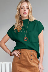 Wholesale Green Patch Pocket Ribbed Knit Short Sleeve Sweater