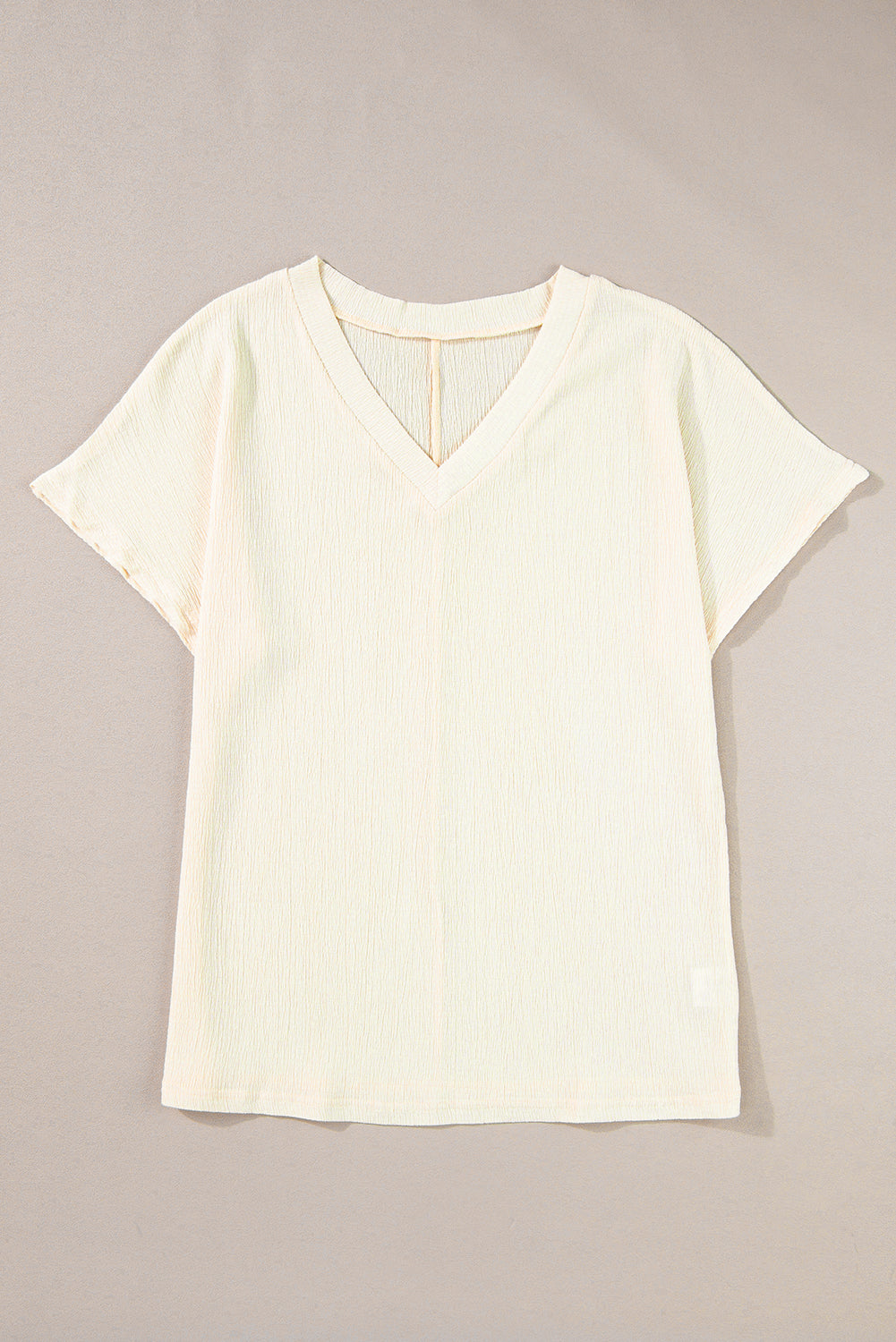 Apricot Solid Color Crinkled V Neck T Shirt