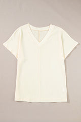 Apricot Solid Color Crinkled V Neck T Shirt