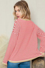 Fiery Red Striped Colorblock Trim Knit Pullover Sweater