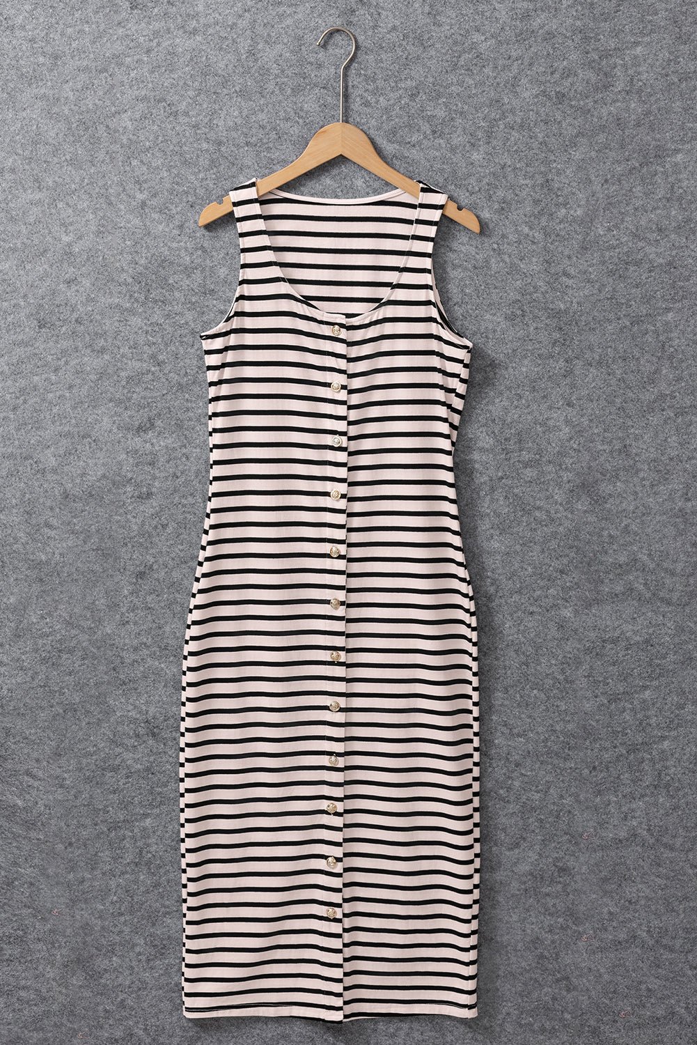 White Stripe Sleeveless Button Front Midi Dress