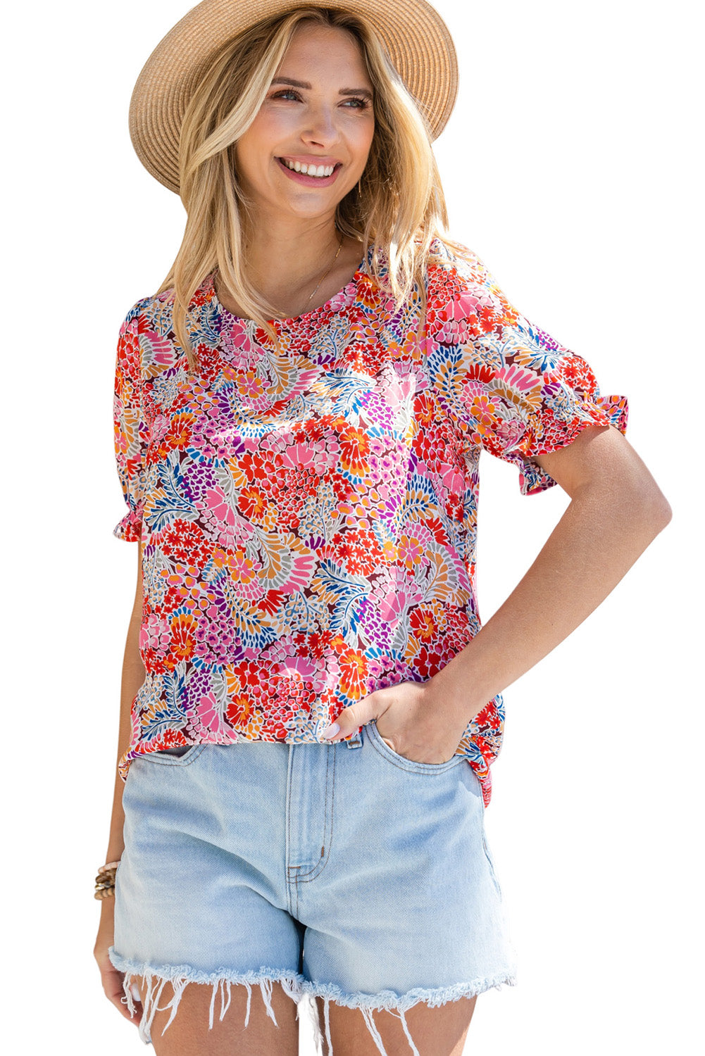 Multicolor Floral Boho Ruffle Bubble Sleeve Blouse