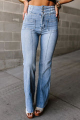 Light Blue Fly Button Exposed Seam Patched Pocket Flare Jeans