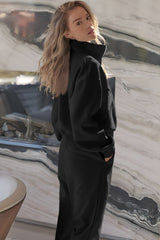 Black Solid Color Half Zip Up Pullover Top and Jogger Set