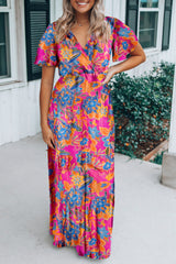 Rose Boho Abstract Print V Neck Short Sleeve Maxi Wrap Dress