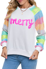 White Christmas merry Graphic Sequin Color Block Sleeve Sweatshirt