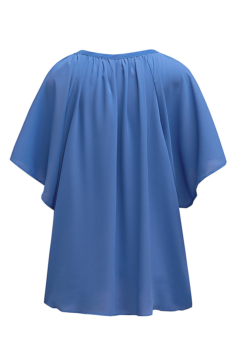 Blue Casual Split Neck Pleated Loose Short Sleeve Blouse