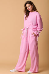 Bonbon Knot Cuffs Long Sleeve Pullover and Wide Leg Pants Set