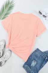 Pink Solid Color Basic Crew Neck Plain Tee