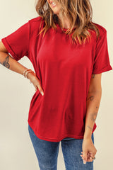 Red Solid Color Basic Crew Neck Plain Tee