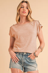 Apricot Pink Solid Color Button Decor Batwing Sleeve Tee