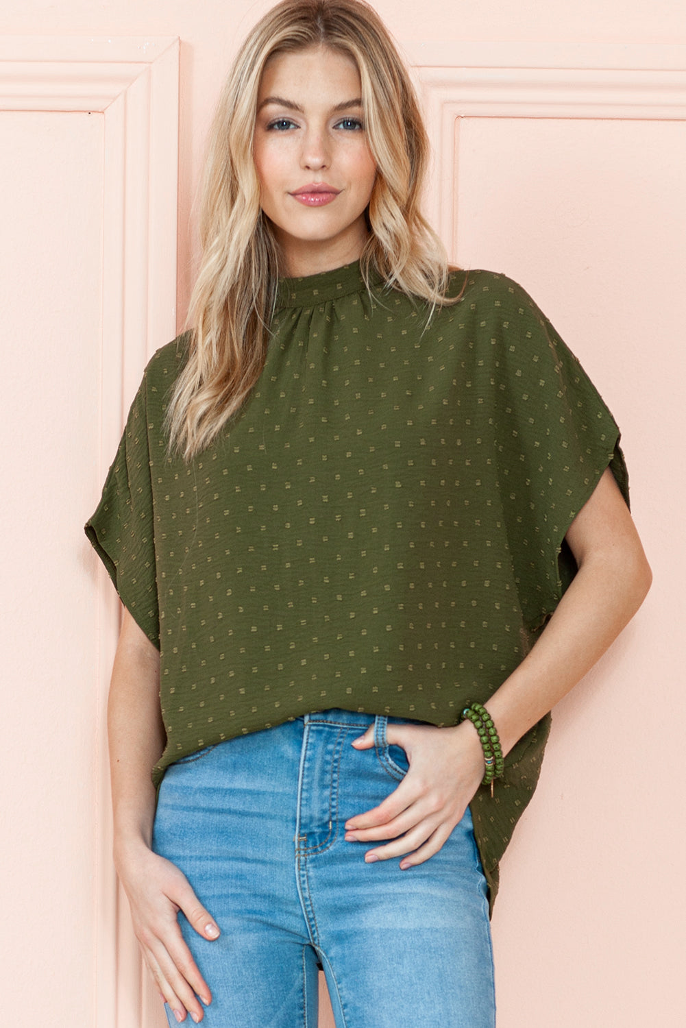 Mist Green Swiss Dot Mock Neck Batwing Sleeve Blouse