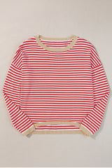 Fiery Red Striped Colorblock Trim Knit Pullover Sweater