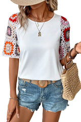 White Floral Hollowed Crochet Sleeve Boho T Shirt