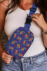 Navy Blue Rugby Flower Print Zipped Shoulder Bag