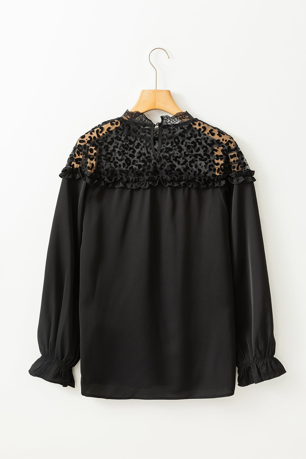 Black Leopard Sheer Splicing Lace Neck Ruffle Blouse