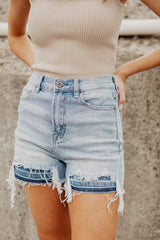 Light Blue Vintage Washed Raw Edge Denim Shorts