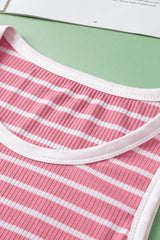 Pink Stripe Contrast Trim Sleeveless Ribbed Slim Top