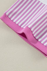 Pink Stripe Patchwork Bracelet Sleeve Plus Size T Shirt