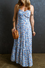 Sky Blue Floral Print Spaghetti Strap Ruffled Ruched Maxi Dress