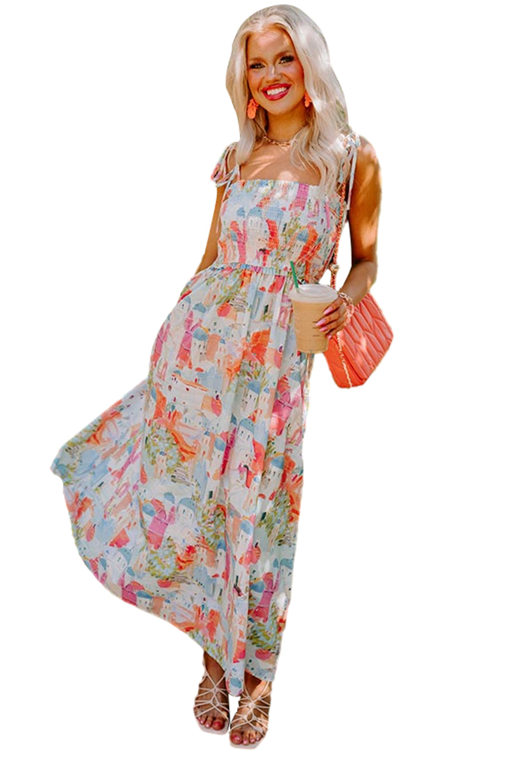 White Fairy Town Print Smocked Flowy Sundress