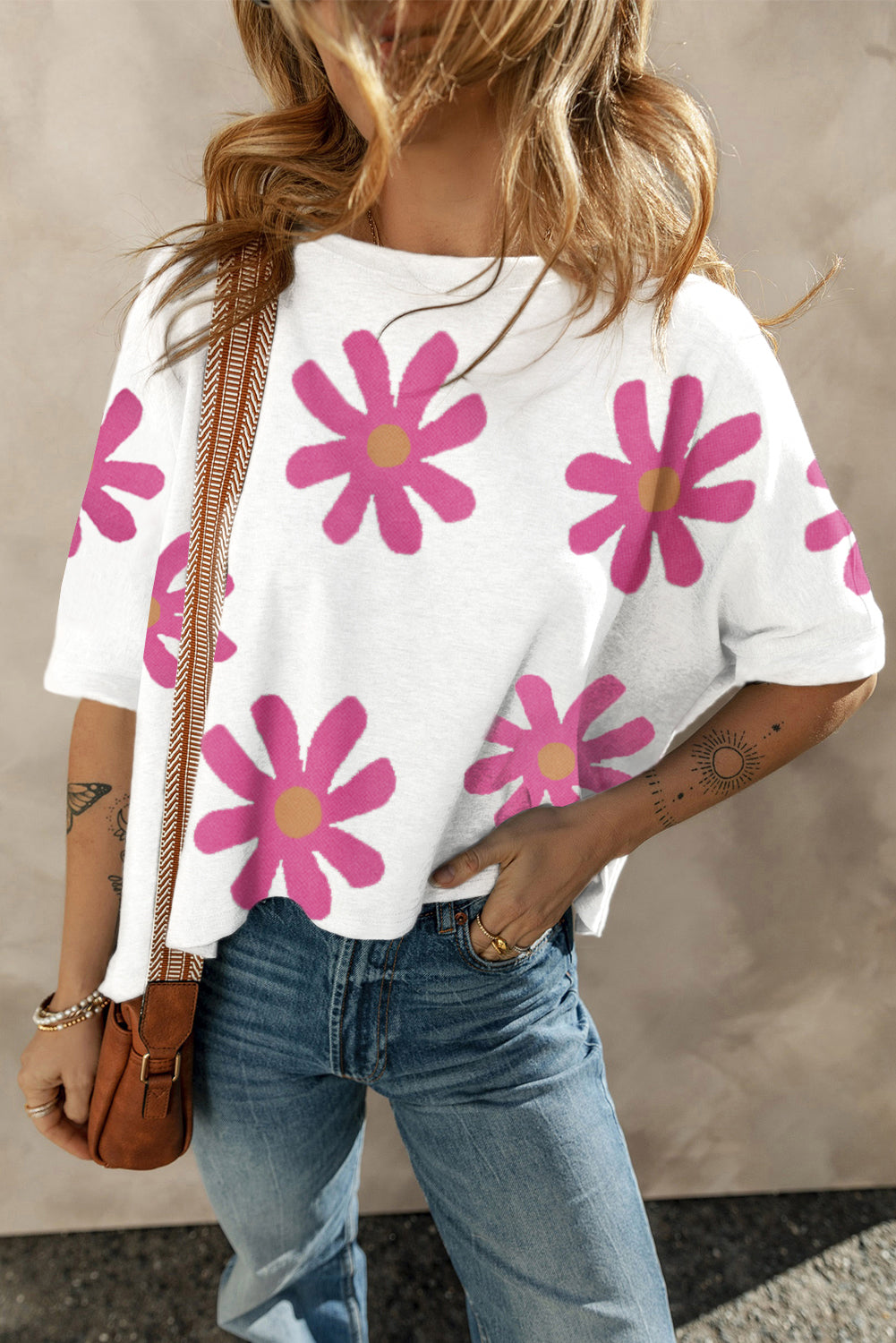 White 60s Vintage Flower Print Batwing Sleeve T Shirt