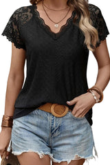 Black Lace Scalloped V-Neck Short Sleeve Top