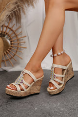 Beige Woven Straps Beads Wedge Slides Shoes