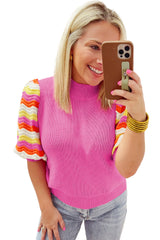 Pink Ribbed Knit Contrast Short Sleeve Mock Neck Sweater