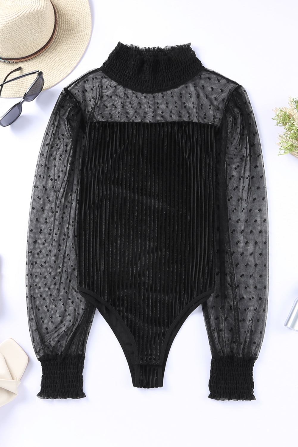 Black Sexy Sheer Dotty Puff Sleeve Ribbed Velvet Bodysuit