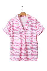 Rose Zebra Print V-Neck Roll Up Sleeve Blouse